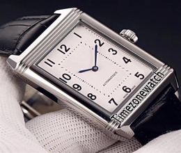 Nuevo reverso clásico mediano delgado 2548520 Miyota 8215 Reloj automático Reloj Case de acero Dial blanco Correa de cuero negro TimezoneWatch E7406612