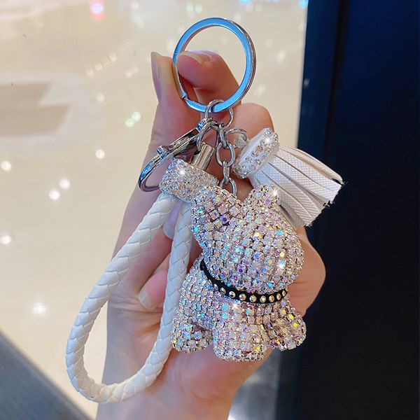 Nuevo llavero de Bulldog Francés con diamantes de imitación, soporte para Llavero con borla de coche de dibujos animados, bolso colgante de Pitbull, accesorios de joyería para Mujer