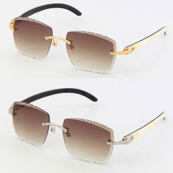 Nouveaux lunettes de soleil de luxe sans monture vintage originales mélange blanc noir corne de buffle diamant coupe lentille lunettes mâle et femelle cadre en métal doré cadeau Adumbral chaud