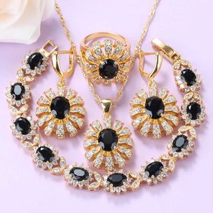 New Rock Style Gold-Color Big Jewelry Sets Black Cubic Zirconia Fashion Traje Tamaño del anillo 6/7/8/9/10 Pulsera 18 + 3CM H1022