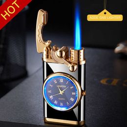 Nouveau culbuteur allumage automatique droit bleu flamme briquet créatif vrai cadran gonflable coupe-vent montre pour hommes cadeau 7ZWQ