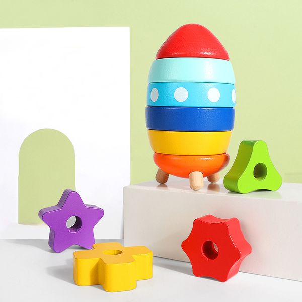 Nouvelle roquette Blocs en bois en bois empiling Cercle Game Couleur forme d'apprentissage bébé enfants montessori jouet en bois éducatif pour les enfants
