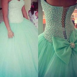 Nieuwe Romatic Mint Turquoise Quinceanera Jurken Sweetheart Crystal Beads Bodice Lange Tulle Formele Baljurk Corset Terug Prom Toga's met Bow