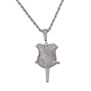 Nieuwe Rose Bloemblaadjes Ketting Hanger Met Touw Ketting Iced Out Cubic Zirkoon Bling Mannen Hip Hop Jewelry230B