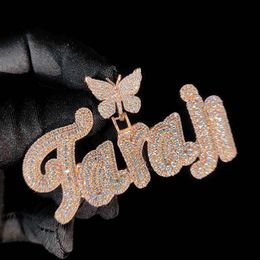 Rosa nuevo botón mariposa de oro doble capa circón cuerpo de hierba letra inglesa combinación colgante Hip Hop suéter cadena
