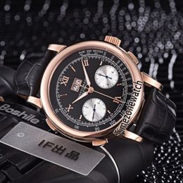 Nieuwe rosé gouden kast Gig Dage Datograph 403 041 zwarte wijzerplaat witte subdial handopwindbaar automatisch herenhorloge lederen band horloges Tim278F