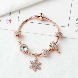 Nieuwe Rose goud losse kralen sneeuwvlok hanger bangle bedelarmband voor meisje DIY Sieraden als Kerstcadeau184t