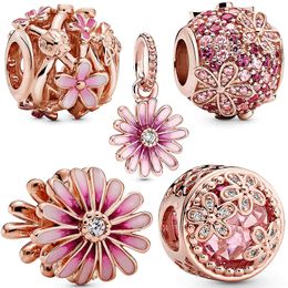 Breloque marguerite rose or rose pour bracelet Pandora, perles en zircon, argent sterling 925, bijoux de luxe, pendentif, fabrication de cadeaux, nouvelle collection