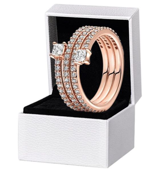 Nouveau Rose Gol Triple Spiral Ring CZ Diamond Women Girls Girls Wedding Gift Designer Bijoux Original Boîte pour 925 Anneaux d'argent Set7386336