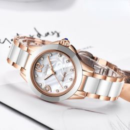 Nouvelle Rose Gold Womes Montres Quartz Watch Top pour femme Femme de luxe Femme Ceramic Montre Girl Horloge cadeau