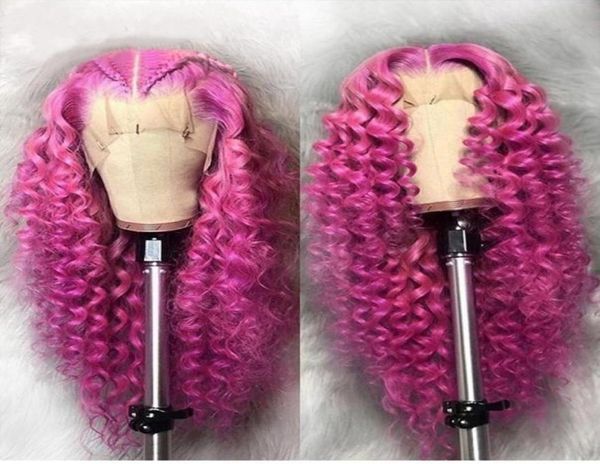 Nouvelle rose rose longue vague profonde de poils humains perruques de cheveux humains pour femmes noires Purpleblondeblue en dentelle synthétique perruque avant cosplay par4153254