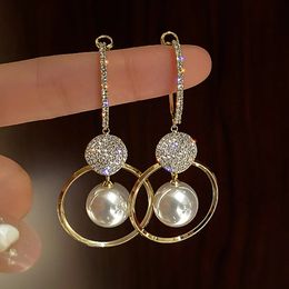Boucles d'oreilles rondes en Imitation de perles pour femmes, luxueuses, géométriques, avec strass, or coréen, amour, bijoux à la mode, nouvelle collection 2024