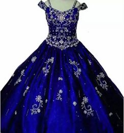 Nouveau Royal Blue Ball Robe Filles Pageant Robes Hors Épaule Cristal Perles Princesse Tulle Puffy Enfants Fleur Filles Robes D'anniversaire BC14591