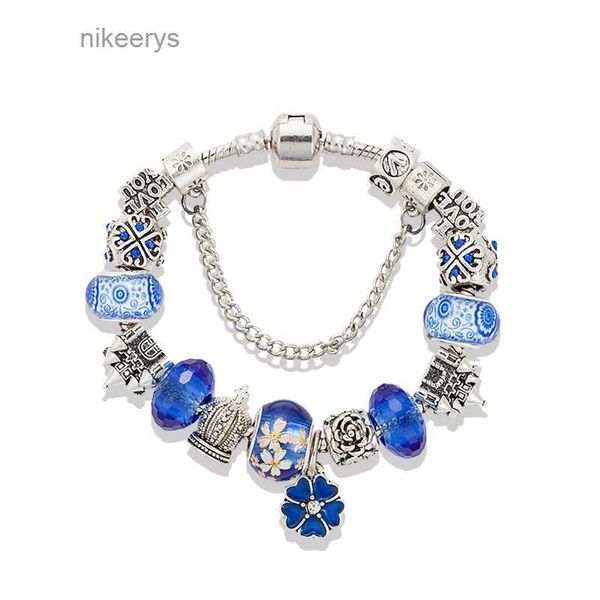 Nueva pulsera con colgante de cristal azul real, caja Original chapada en plata, adecuada para regalo de vacaciones con cuentas de Castillo Diy CQ3S