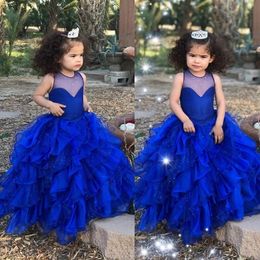 Nieuwe Royal Blue Flower Girl Dresses Sheer Neck Lagen Wedding Ball Jurk voor kleine kinderen Vintage eerste communie Pageant kleding