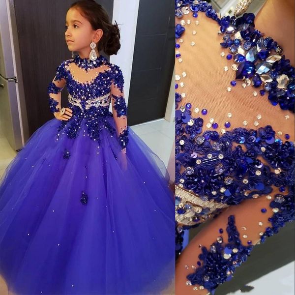 2023 Royal Blue Girls Pageant Robes Col Haut Illusion Dentelle Appliques Cristal Perlé Manches Longues Puffy Enfants Fleur Filles Robes D'anniversaire