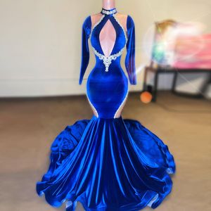 Nieuwe Royal Blue Mermaid Prom jurk Velvet High Neck Silver kralen Beroemdheid feest avondjurken formele gelegenheid jurken