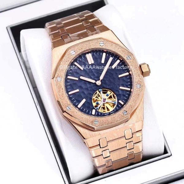 Nuevo reloj Royal Tourbillon con diseño de boca de anillo esmerilado para hombre, reloj mecánico automático de acero inoxidable, relojes dorados de 42 mm a juego a la moda