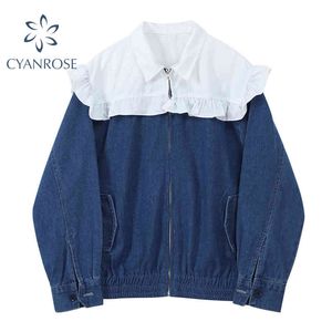 Nieuwe Roes Peter Pan Collar Spliced ​​Denim Jas Streetwear Sweet Rits Jeans Jackt Vintage Elegant Baggy Casual Blue Female 210417