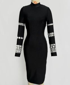Nieuwe runway jurk Spring herfstjurk merk hetzelfde stijl Empire lange mouw zwarte dames jurk mode moduofe waterdiamant middele lengte celebrity feest verbandjurk