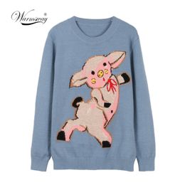 Nieuwe Runway Jacquard Gebreide Pullover Blauw Schattig Pig Patroon Sweet Gebreide Sweater Mode Jumper Suiner Mujer C-075 201031