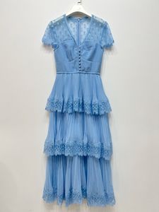 Nieuwe S-elf portret blauwe chiffon gelaagde midi-jurk V-hals korte mouw jurk voor dames