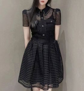 Nieuwe S-elf portret kanten mini-jurk verzamelde korte mouw korte jurk voor dames zwart
