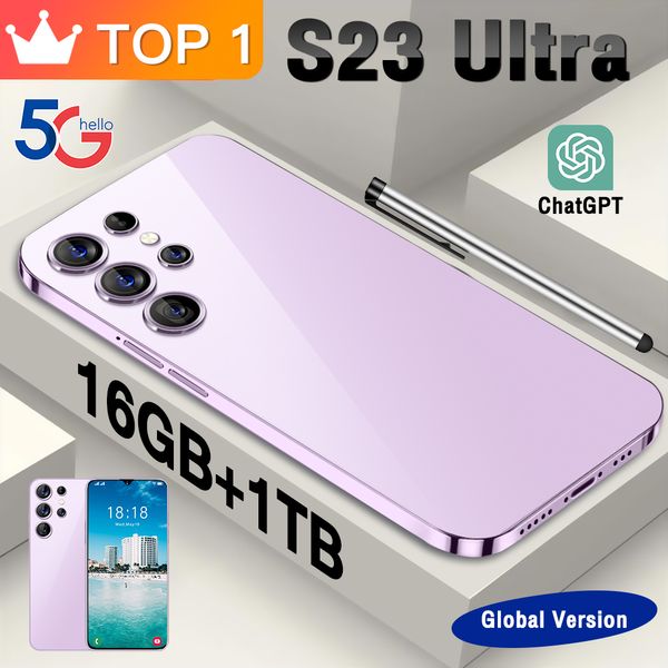 Nuevo S23 Ultra Versión Global Original Snapdragon 8 Gen2 7.3 Pantalla HD 5G SmartPhone Android 13.0 16GB+1TB Teléfonos móviles Dual Sim Cámara desbloqueada facial 48MP+108MP