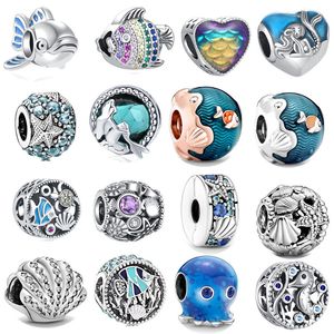 Nuevos encantos de plata esterlina s925 Granos sueltos redondos Con cuentas Moda para mujer Ajuste original Pandora Pulsera de lujo Colgante de concha de pescado DIY Regalo de joyería para mujer