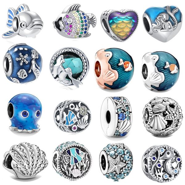 Nuevos abalorios de plata esterlina s925 Granos sueltos redondos Con cuentas Moda de lujo Original Fit Pandora Pulsera Ocean Collection Colgante DIY Regalo de la joyería de las mujeres