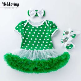 Nieuwe Saint Patrick Cotton Polka Dot Korte mouw jurk voor babygroene gaasprinsessenjurk voor kinderen