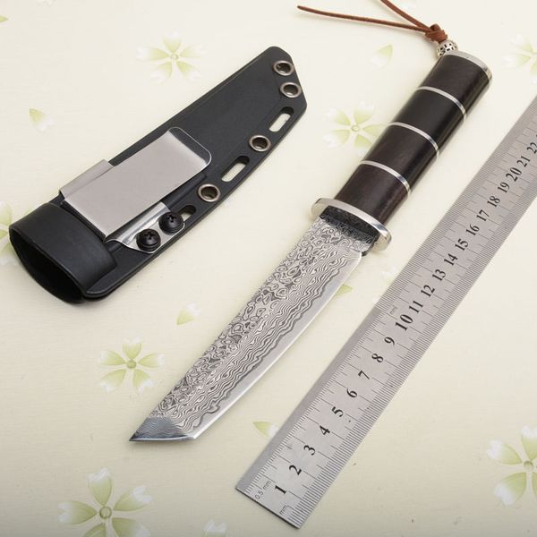 Nouveau VG10 Damas en acier droit couteau droit tanto lame d'ébène poignée de survie couteaux droits avec gaine kydex