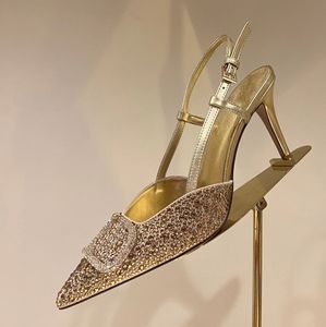 Nuevas sandalias Diseñador Zapatos de boda de tacón alto Decoración de diamantes de agua Moda de mujer Volver Punta hueca Punta estrecha 9 CM Zapato de vestir Hebilla cuadrada de metal Estilete sexy