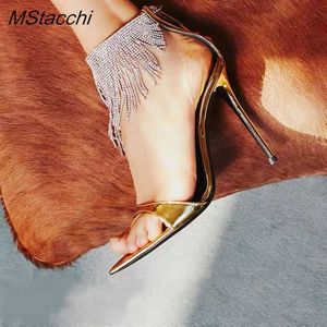 Nieuwe Sandals Rhinestone Fringe Dames Luxury Brand Pointed Teen High Heels Designer Shoes Thin Slingback Sexy Stripper 230406