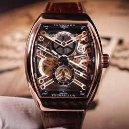 Nieuwe Saratoge Heren Collectie Vanguard Skeleton Rose Gold Case V 45 T SQT Gold Dial Automatic Mens Horloge Lederen Sport Horloges Hallo_Watch