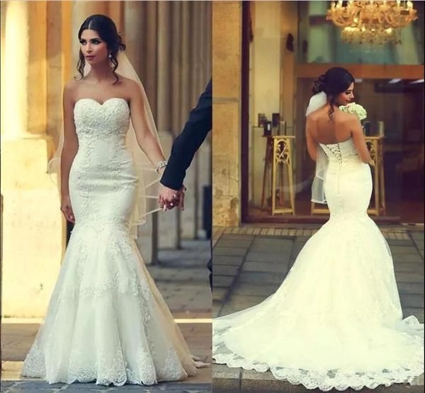 Nuevos vestidos de novia de sirena de Arabia Saudita, escote en forma de corazón con cordones en la espalda, apliques, vestidos de novia largos sexys baratos, tren de barrido de talla grande