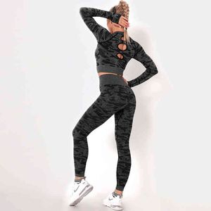 Nouveau costume de camouflage sans couture Yoga deux pièces ensemble femmes Gym auto-croissance entraînement Fitness exercice vêtements pour J220706