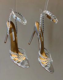 Nouvelle saison Aquazzura Chaussures Tequila Sandales 105 Sparkling Party Italie Clear Pvc Crystals Stiletto Heel Wedding Bride2951208