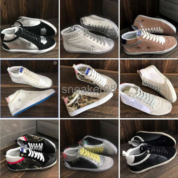 Nueva temporada Mid Slide Star High Top Zapatillas de deporte Moda Mujer Zapatos casuales Lujo Italia Golden Trainers Lentejuelas Classic White Do-Old Dirty Men Shoe Boots