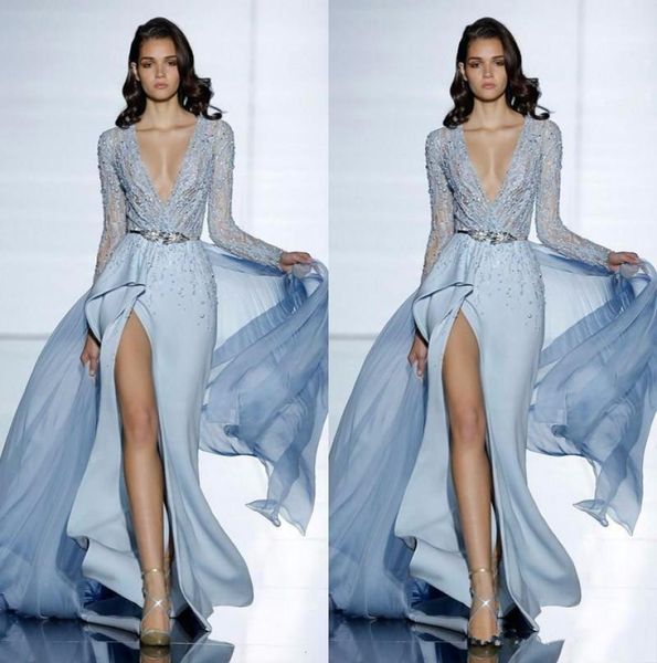 Nouveau voir à travers sexy Zuhair Murad sirène robes de soirée avec manches longues robe de bal formelle cristaux bleu haute fente célébrité G6006877