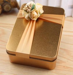 Nueva venta de cajas de dulces de metal cuadradas con lazo de floras Boda dorada Caja de regalo hermosa para invitados Suministros de boda Favo7338315