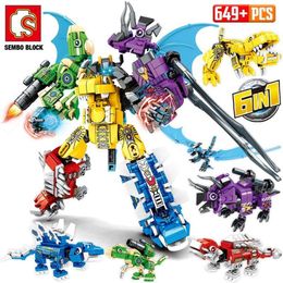 Nieuwe Sembo 6in1 Transformation Dinosaur Robot Building Block City Jurassic Worlds Pterosaur Technic Mech Bricks Diy Toys For Boys C288W