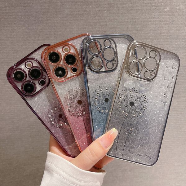 Nueva funda para iPhone 15 14 13 12 11 Pro Max X XS XR Plus con diseño de diente de león y galvanoplastia de diamante transparente para personas mayores