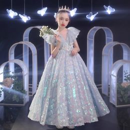 Nieuwe lovertjes blauwe prinses bloemenmeisjes jurken voor bruiloft 2024 3D bloemen kanten appliques lanvender brithdday feest kinderen formele slijtage peuter lange optochtjurk
