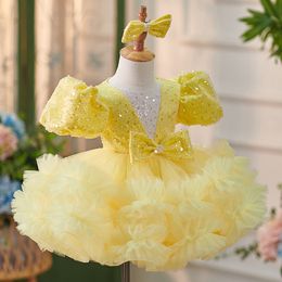 Nieuwe lovertjes Girls Jurken Ball Jurk 2-14 jaar Lace TuLle Flower Girls Jurk Princess For Kid Child Wedding Birthday Party Maxi Prom avond Juniorbridesmeisje jurk