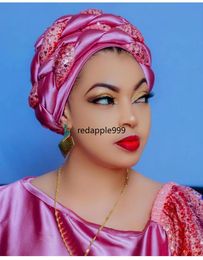Nouveau Paillettes Tresses Africain Headtie Nigeria Auto Gele Femmes Écharpe Bonnet Chapeau Turban Cap Head Wrap Musulman Hijab Aso Oke Ready Made