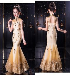 Nouveau Paillettes Dentelle Sirène Robes De Soirée Petites Filles Col Haut À Lacets Applique Dentelle Perlée Filles Pageant Robe Anniversaire Bal Eveni3182913