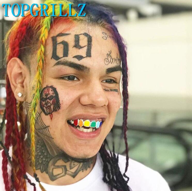 Nieuwe zeven kleuren tanden grillz top bodem 18 k goud kleur grills tandheelkundige mond 6ix9ine hiphop mode-sieraden rapper sieraden