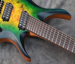 Nieuwe zeven-snarige headless elektrische gitaar, groene pop-gekleurde geroosterde esdoorn nek-