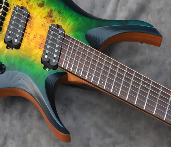 Nueva Guitarra Eléctrica Sin Cabeza de Siete Cuerdas, Mástil de Arce Tostado Color Verde Pop-